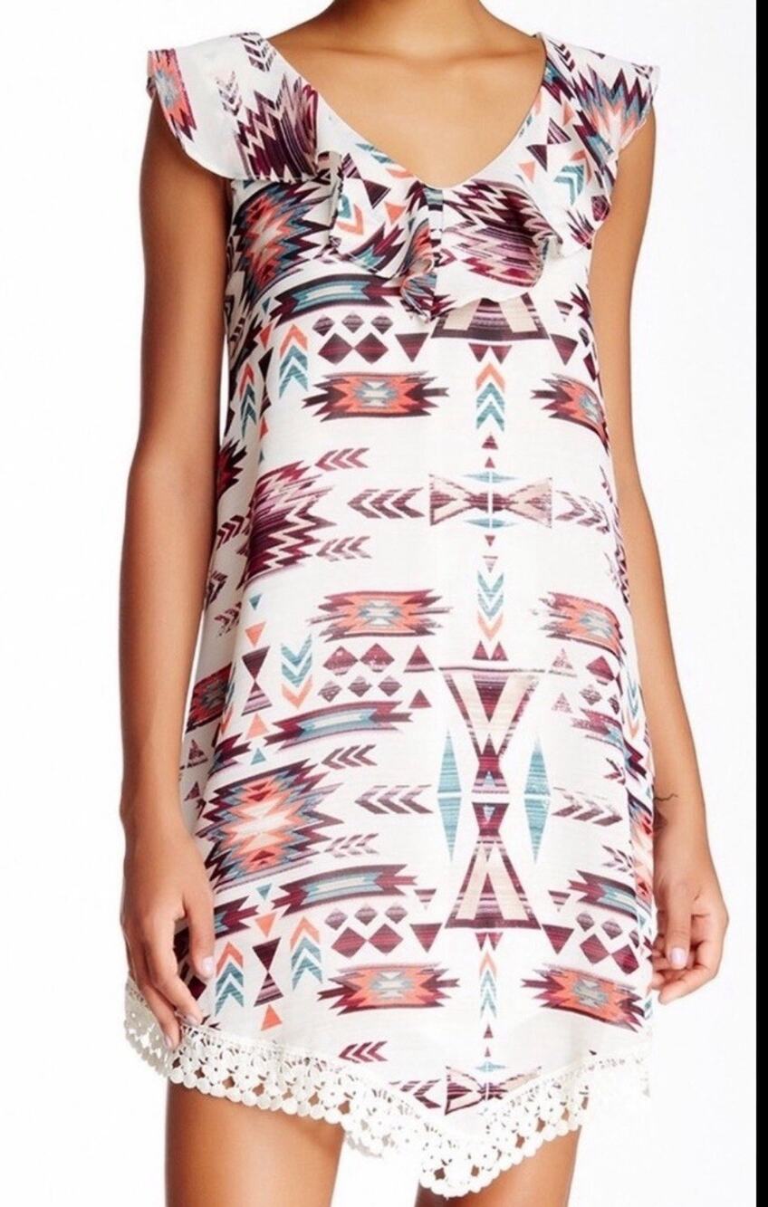 Jolt Women's Ruffle Dress Size XS X Small Aztec White Short